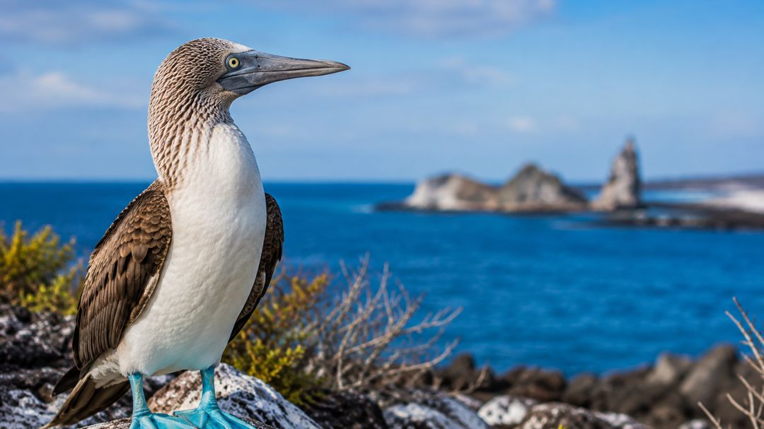 A blue-footed booby on volcanic rock, its blue feet clearly visible