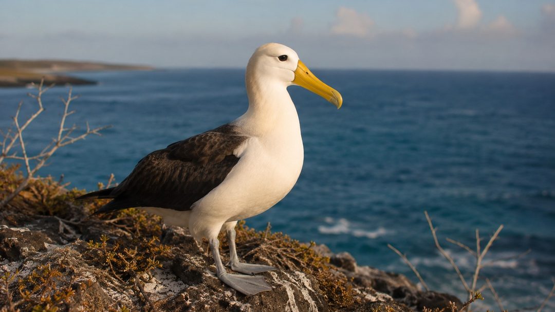 A waved albatross on the cliff edge at Española, its yellow bill clearly visible