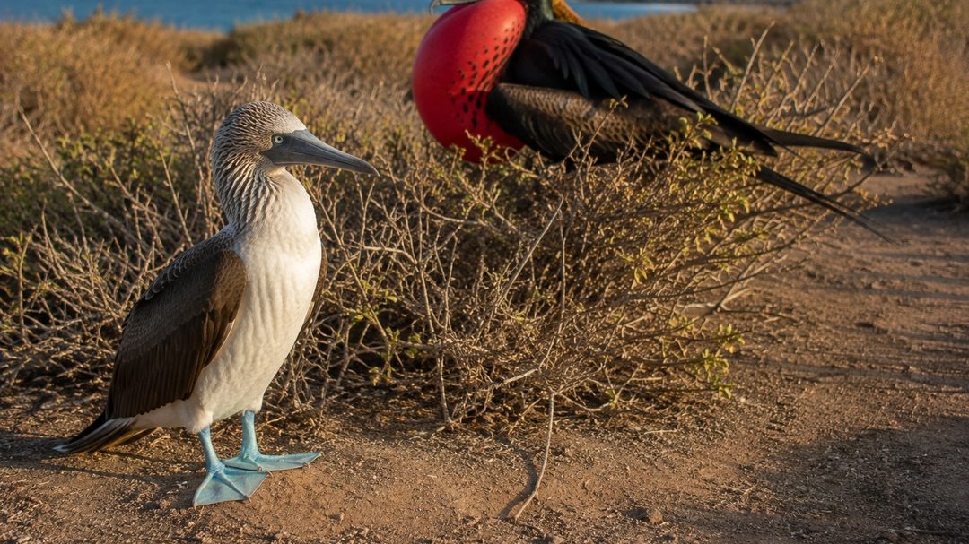 A blue-footed booby and a displaying male frigatebird on North Seymour