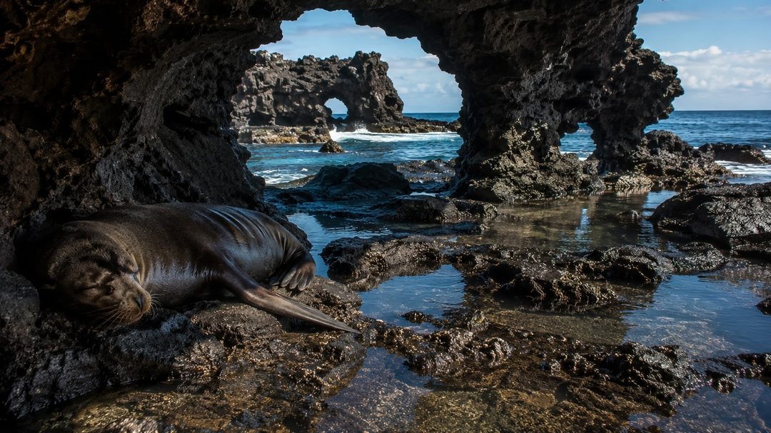 A Galápagos fur seal resting in a lava grotto at Puerto Egas